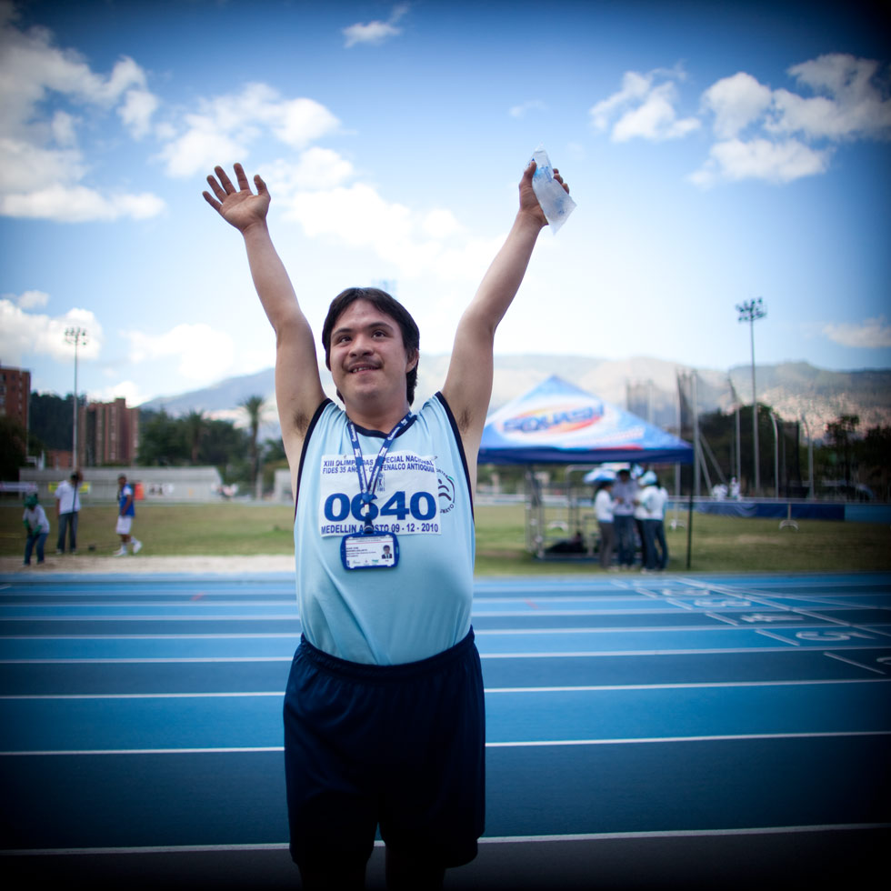 Athlete finishing fourth in the 100 yard dash, FIDES Special Olympics, Medellín, Colombia