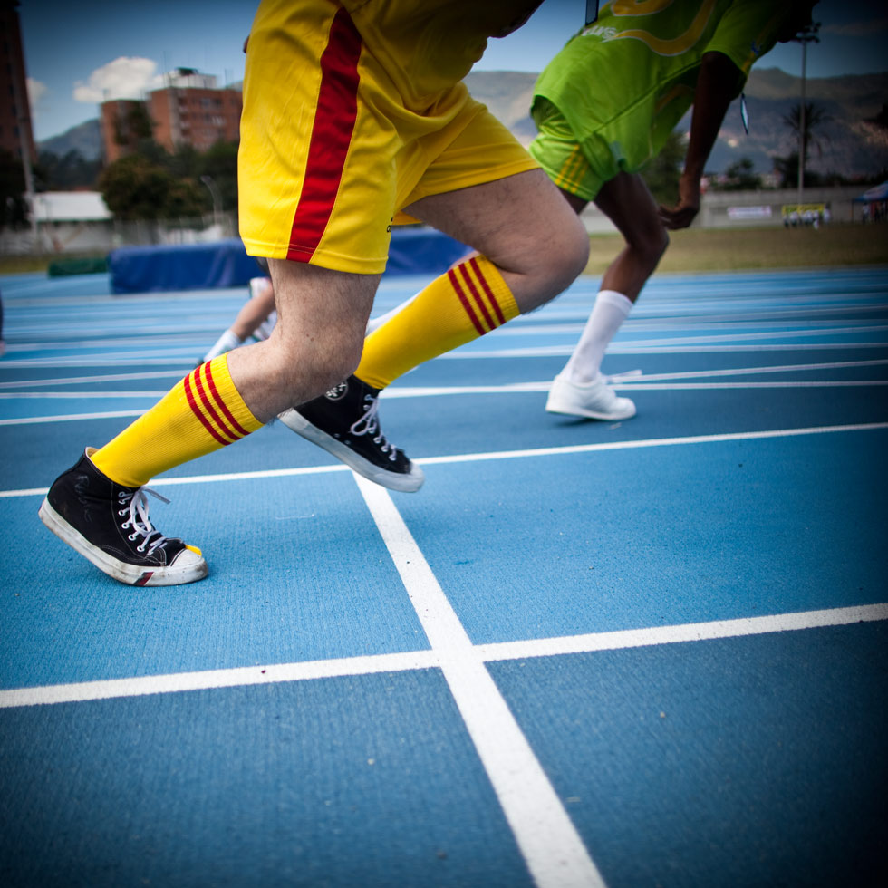 Athletes starting the 100 yard dash, FIDES Special Olympics, Medellín, Colombia