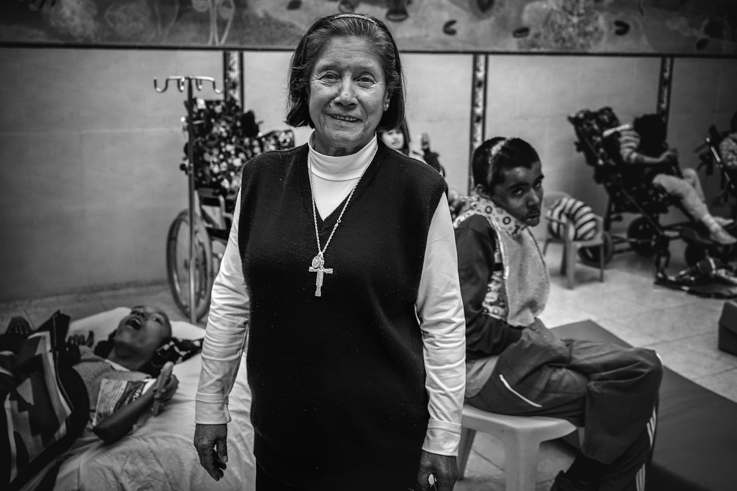 Sister Valeriana who founded a permanent home in Bogotá, 'Luz Y Vida,' for 180 severely handicapped children, in 1991.

Colombia.