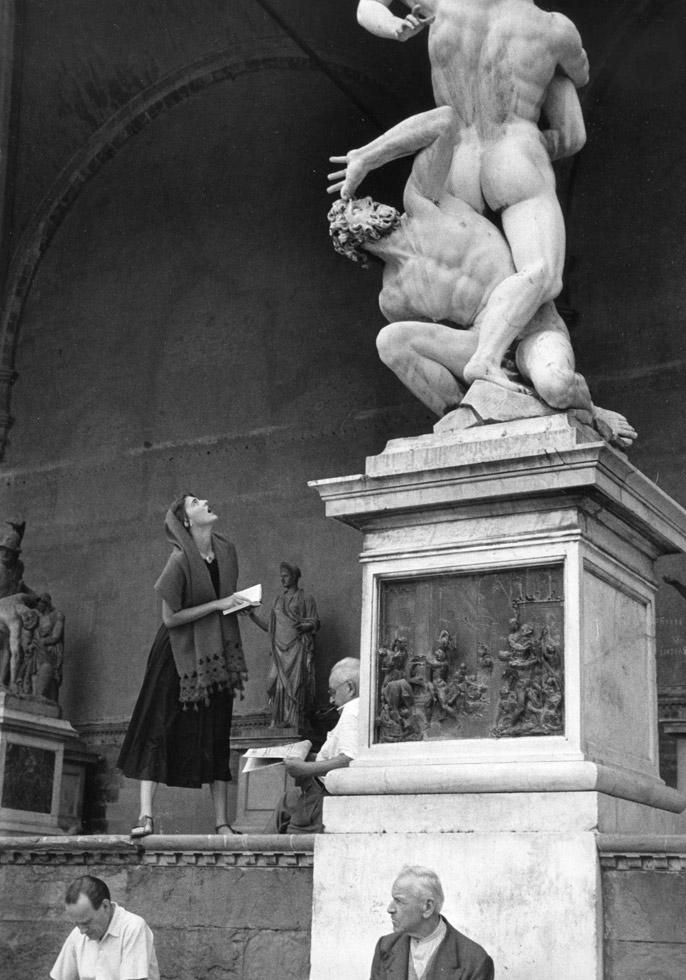 Jinx Staring at the Statue

"In the morning, while the Italian women were inside preparing lunch, Jinx gawked at statues, asked military officials for directions, fumbled with lire and flirted in cafes while my mother photographed her. They had a lot of fun..."