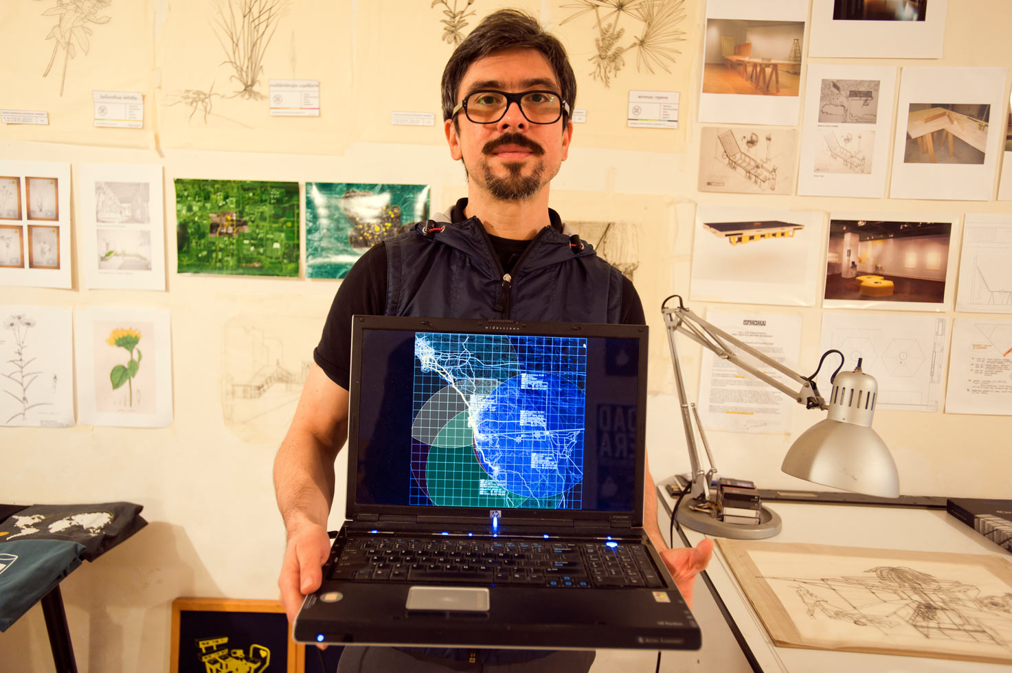 Raul Cardenaz, a conceptual artist, founder of Torolab, in his studio. He tracks border movements with complicated computer programs.