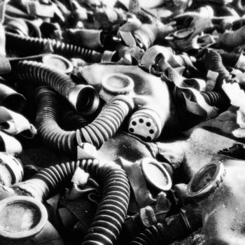 In one of the schools, there is an area next to the canteen where hundreds of small gas masks are laid out on the floor. The first feeling is horror, but in actual fact, these were just standard issue in schools and apparently they were left there when the school had been looted - an element in the filters was quite valuable and these were discarded in the process.