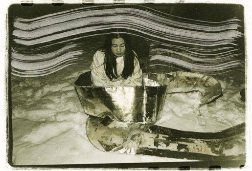 "Girl Mylar Snow," b&w analog photo + silver ink, 1978, by Nina Kuo
