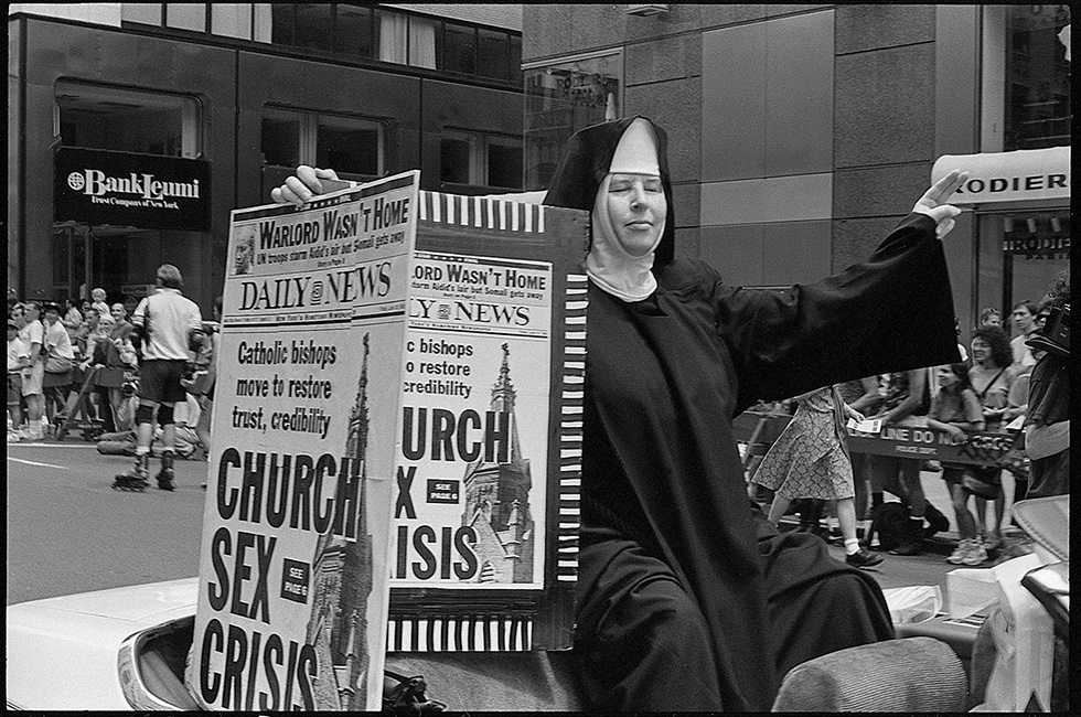 Elizabeth Meixell (1945-2022) AKA ‘Sister Cunnilingus’, founder of Church Ladies for Choice, member of ACT UP and WHAM!. New York City Gay Pride Parade, June 27, 1993.

Church Ladies for Choice was an affinity group that dressed in church-going drag and sang reworked hymns calling out and spoofing the religious right for their hypocrisy and pomposity.