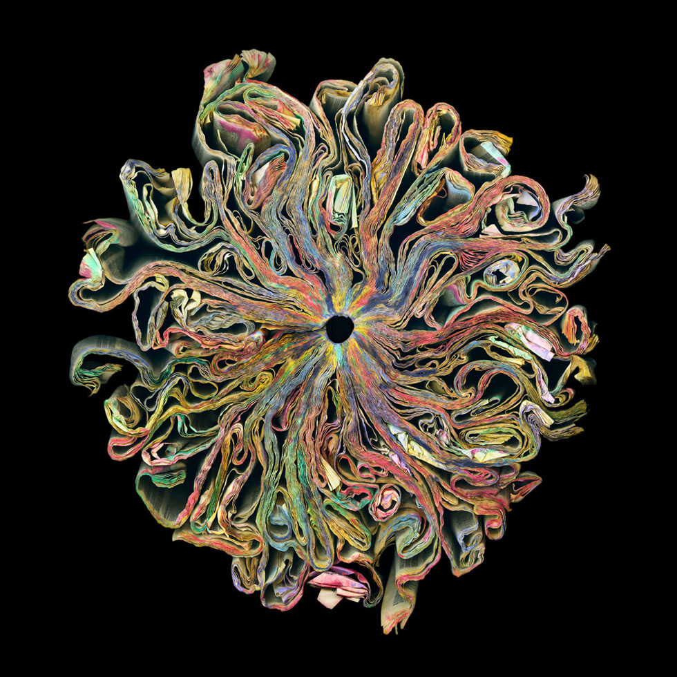 Cara Barer dyes and crumples old books to create these wonderful sculptures which she then photographs.