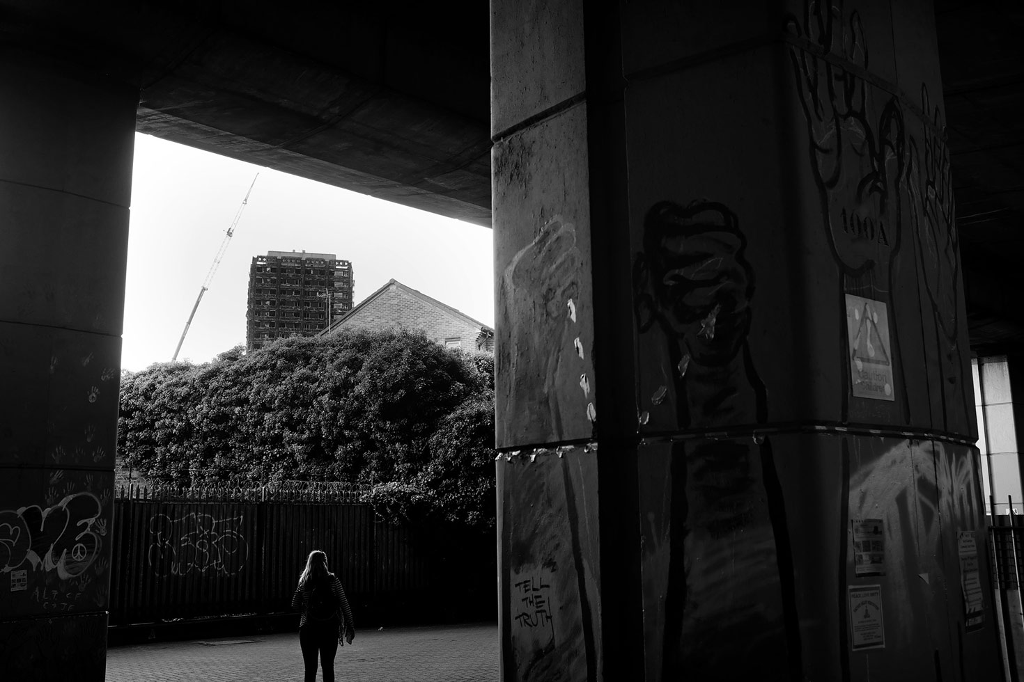 Grenfell Tower from under the Westway motorway flyover.
