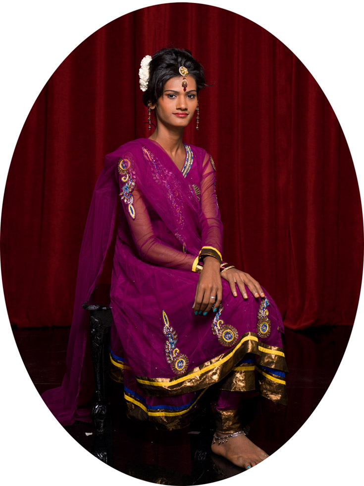 Sreesha, 19.
At twelve Sreesha tried on a sari for the first time and never wanted to take it off. She tried to wear girls' clothes in her village, but was ridiculed. If her father caught her dressed as a girl he would beat her. When Sreesha was fifteen she met another hijra in her village who took her to Andhra Pradesh for the operation. She did not dare tell her parents what she was going to do. Her family is well off and educated so they do not need her money. Within the last two years they have grown to accept her and permit her to visit them at home dressed as a girl. She has a boyfriend in Mumbai who asked her to marry him, and is very happy with her life because her boyfriend treats her very well.