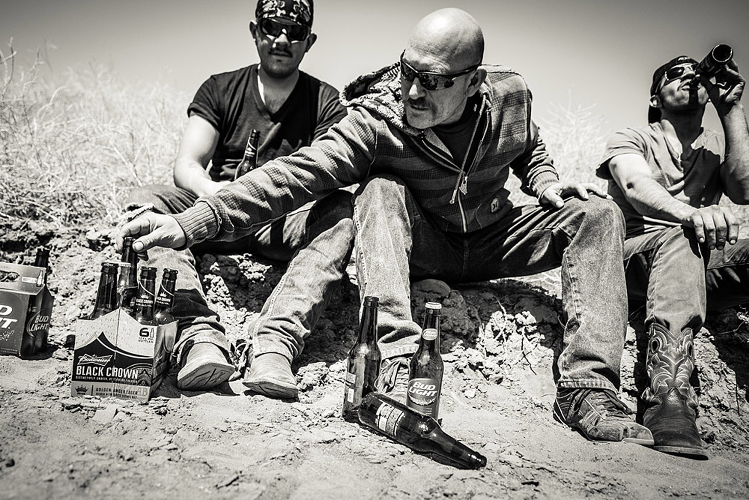 These men work on repairing and maintaining drill sites for 12 hour shifts that last from 12:00 AM to 12:00 PM. Their schedule is designed so that they get off work too early to hit the bars. They get around this by drinking behind trailer-filled man-camps where they live. They'll drink for a few hours, eat something, then go to sleep before starting the routine all over again.