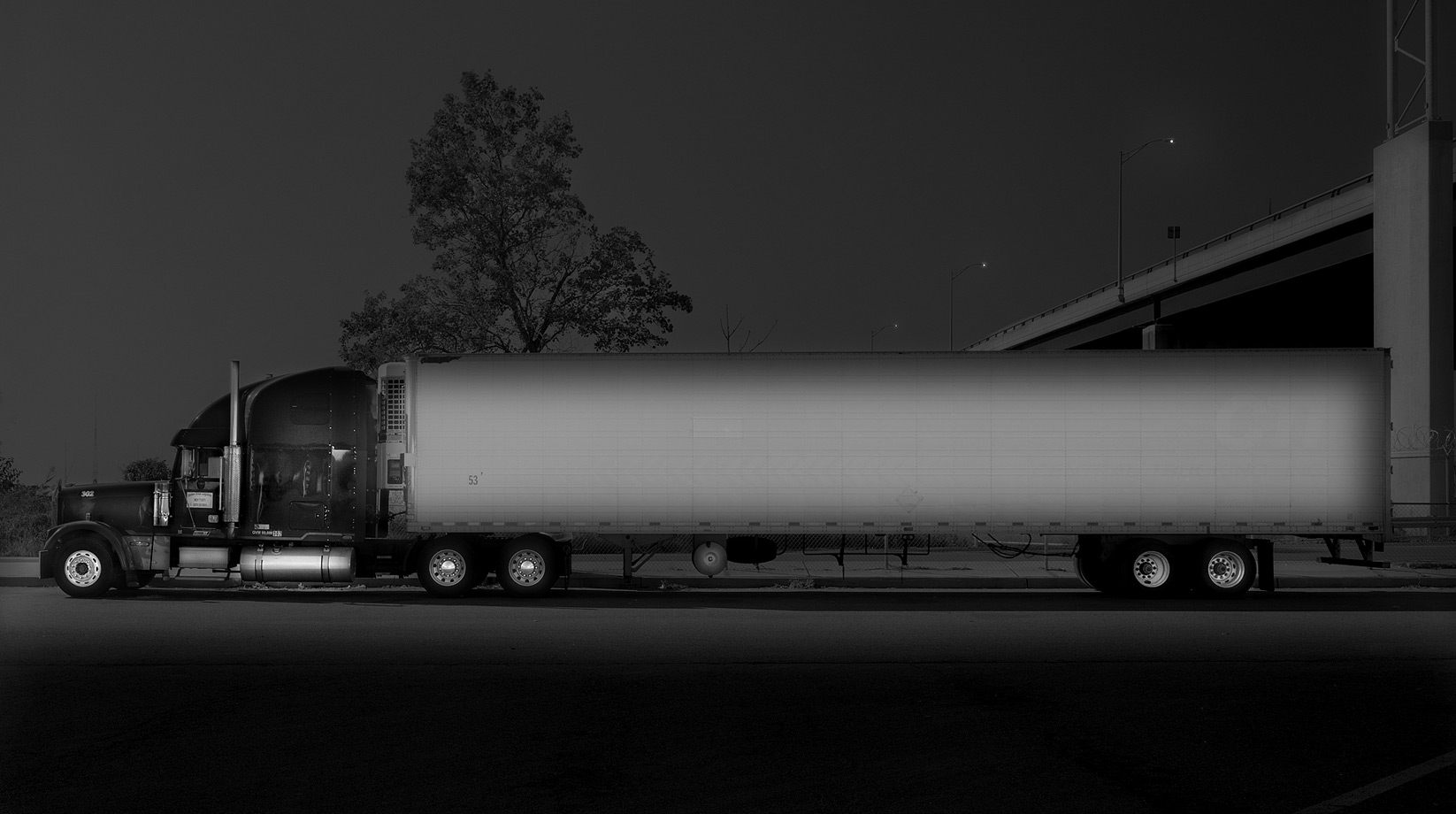 Seeing The Black Dog. 
New Jersey Turnpike, 2011

A saying truck drivers use to describe hallucinations that occur as a result of sleep deprivation. "When they see the 'black dogs' scampering across the highway they know to pull over and get some sleep. The moment they make that decision is when I sneak up to their trucks and capture the moment the dogs melt away." - Michael Massaia