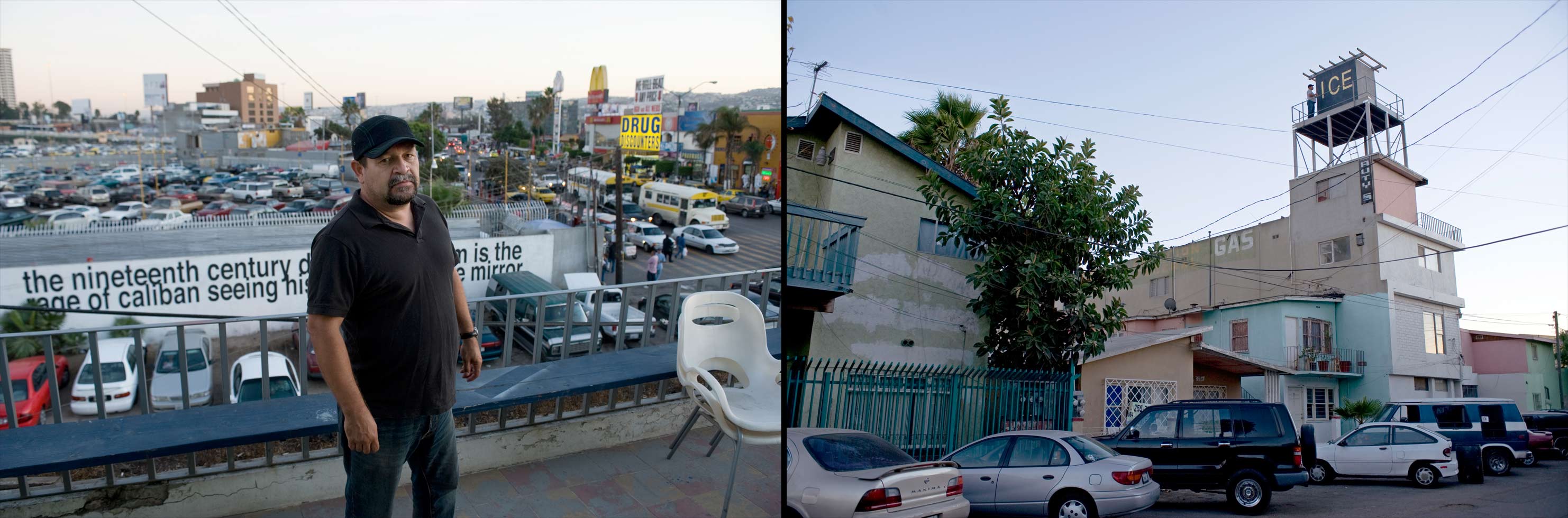 Artist Ramirez Marcos 'Erre' has a studio next to the border crossing with the US. He is currently building a watch tower on top of his studio which functions as a huge pinhole camera. His tower has ICE written on the border side, which stands for Immigration and Customs Enforcement. The tower can be seen by every car that comes to or leaves Mexico. The crossing for cars is one of the busiest in the world.