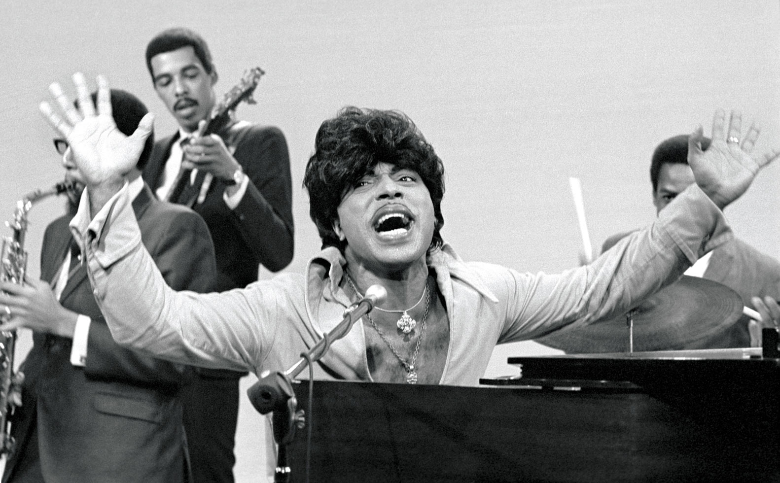 Little Richard at KPIX-TV, San Francisco, 1967

His ever-expressive face was a photographer's dream. James Brown said that Little Richard was the "first to put the funk in the rock 'n' roll beat." I photographed him twice; the other time was in concert for Bill Graham. A rarity for me at the time, I photographed Richard (or is it "Little"?) in both black and white and in color.