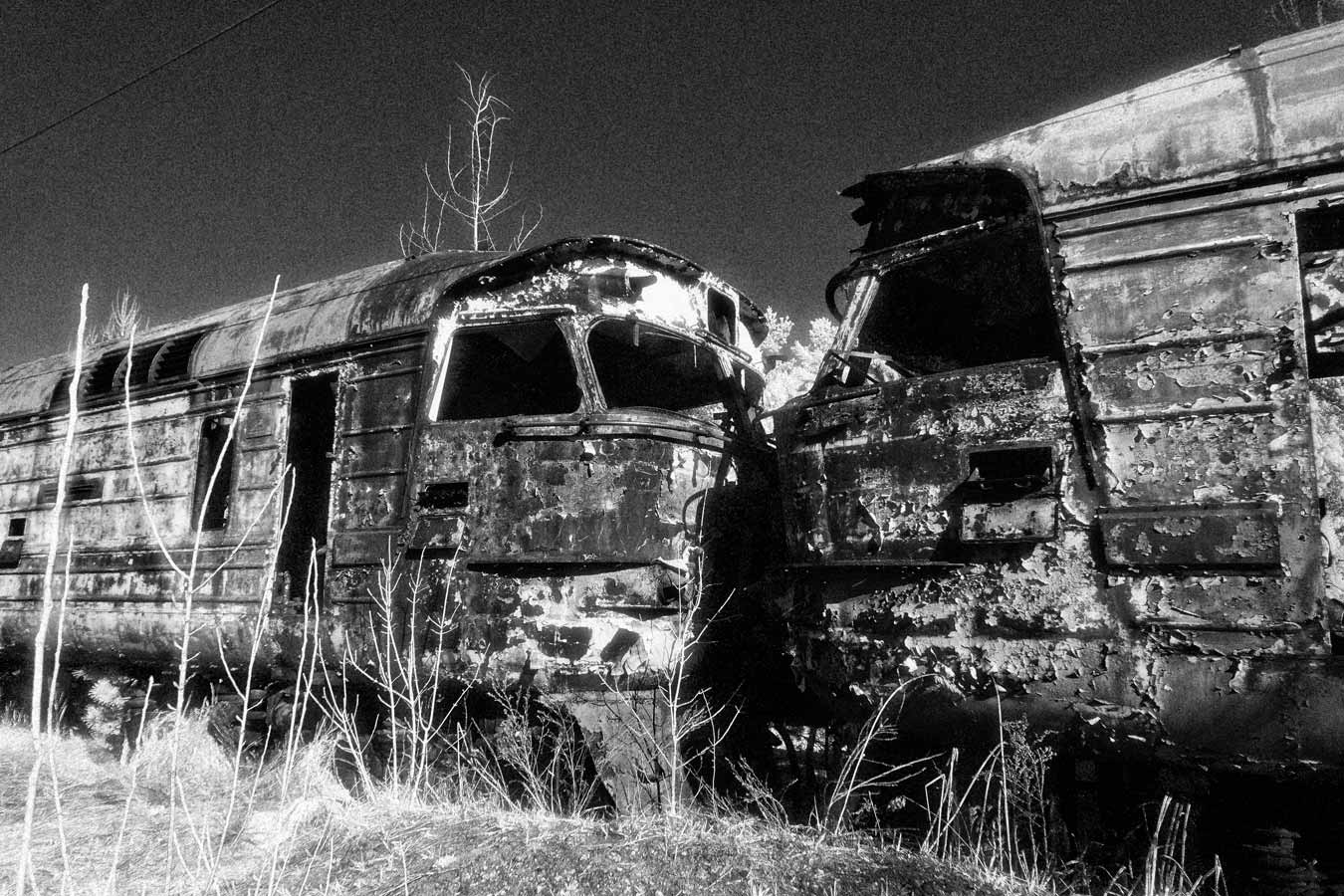 On the lines at the train station in Pripyat, there were all sorts of locomotives, from the Soviet workhorses to the once grand passenger trains, now left fading and rusting.