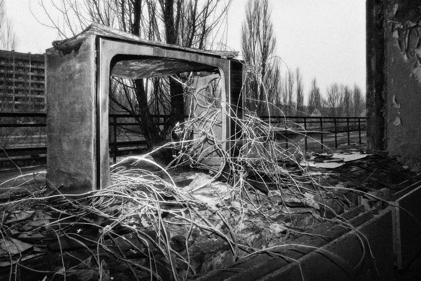 An old broken television set left in the city hotel, weeds and vines have grown through the empty space that once housed the electronics.