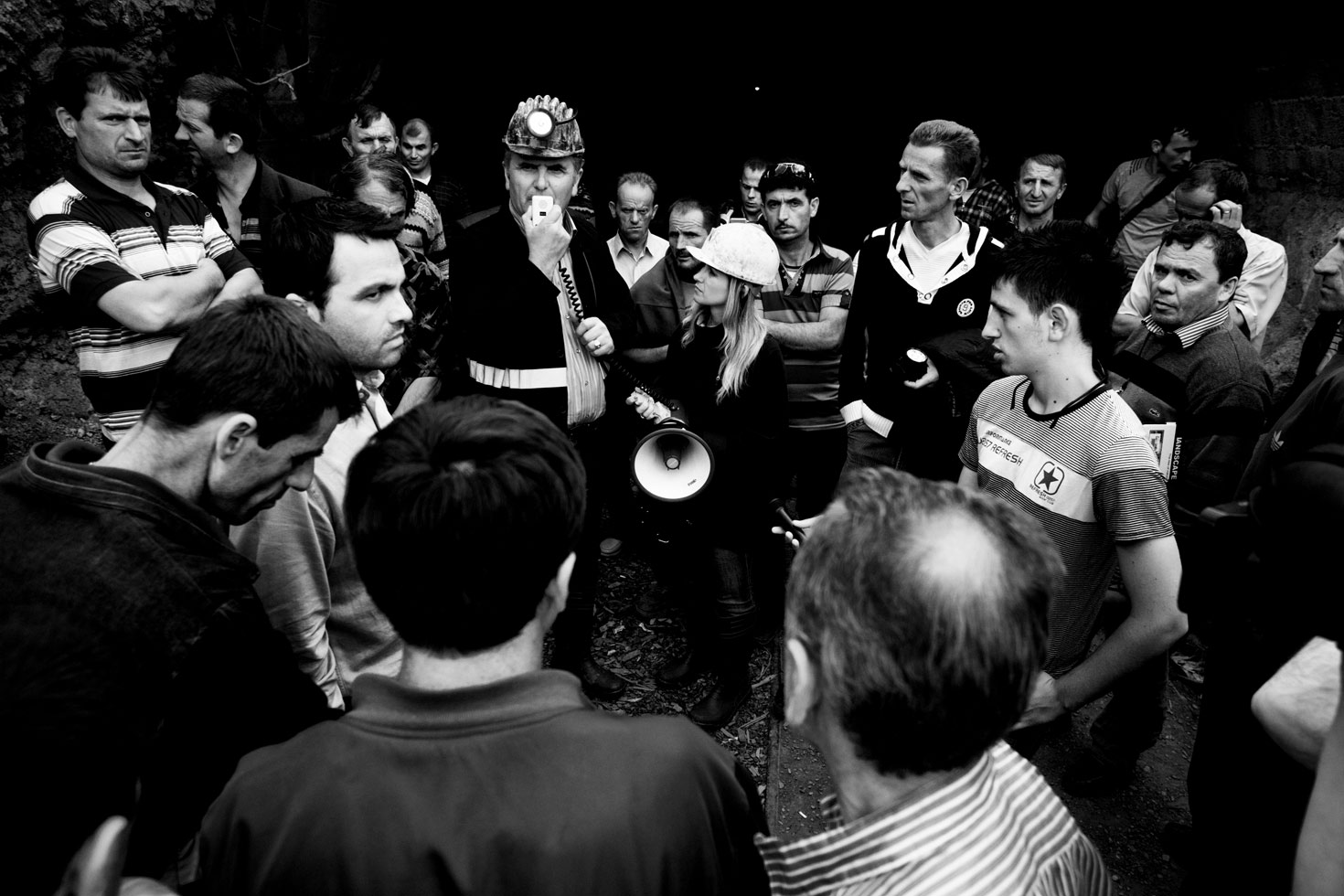 Kol Nikolli, president of the Confederation of Trade Unions (KSSh), speaks to the supporters of the hunger strike miners after his first visit 1400m underground.