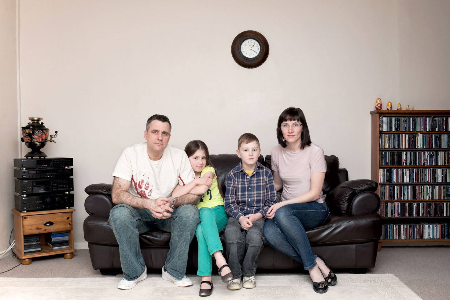 Uliana, Adam, Lija and Arsen (Aberdeen, 2013) 
Uliana is from Sankt-Petersburg in Russia and her husband Adam is from Białystok in Poland. Adam works as a lifeguard while Uliana decorates private houses and offices across Aberdeenshire with custom murals. The family speak Russian and Polish at home, and English at work and school. Uliana had a Jewish grandfather and Adam’s ancestors were from the Roma community.