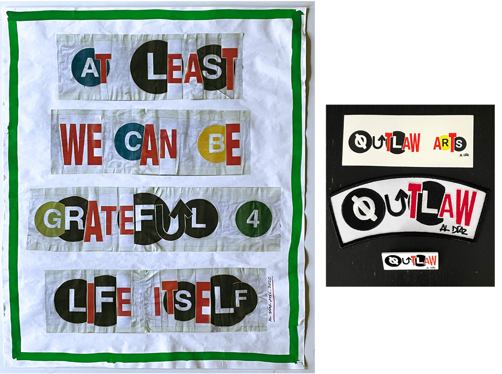 "At least we can be grateful 4 life itself" by Al Diaz. 24"x20" original art, collage and paint, signed, editioned 1/1. Comes with patch (6"), sticker (5") and pin (2"), by Outlaw Arts. $200 donationSOLD 
@outlaw_arts