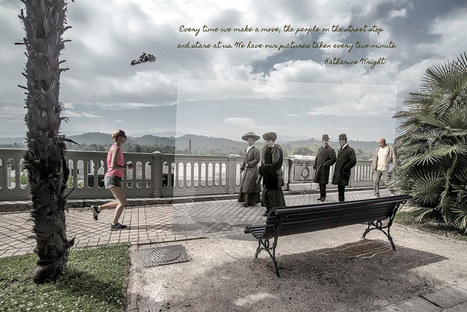 Walking The Boulevard des Pyrénées 

While searching the photo archive at Wright State University in Dayton, Ohio, I came across an image of the Wrights that I knew I wanted to create a piece of artwork around. The picture is of Katharine Wright, Countess Cordelia de Lambert, Orville Wright, and Wilbur Wright strolling along the Boulevard des Pyrénées in Pau, France. By this time, the Wrights had become celebrities and Katharine was enjoying the notoriety.