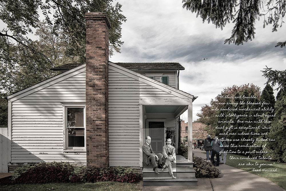 Greenfield Village

The photograph of Wilbur and Orville was taken in June of 1909. The brothers are seated on the back porch of their home at 7 Hawthorn Street in Dayton, Ohio. Wilbur spent the previous year in Europe, thrilling the world with his flight demonstrations. Orville made successful test flights for the government in Washington, D.C. The two men were now world-famous. In 1937, Henry Ford purchased the Wright Brothers’ house at 7 Hawthorn Street and moved it to Greenfield Village in Dearborn, Michigan.