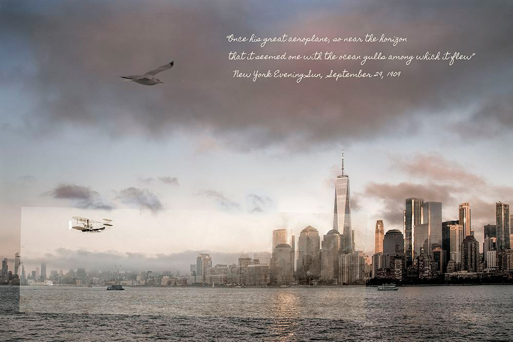 A New Kind Of Gull In New York Harbor

The title for this image comes from the cover of "Harper’s Weekly" on October 9, 1909. It had a photograph of Wilbur flying around the Statue of Liberty on the cover with the title “A New Kind Of Gull Flying In New York Harbor.” This photograph was the last image I created for this series.